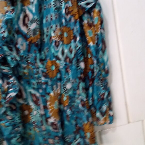 Kim Rogers Blouse Women L 3/4 Sleeve Simi Sheer Ruffle Open Tie Front Teal Brown - Picture 7 of 16